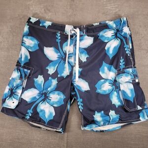 OP Ocean Pacific Y2K Mens 2XL Swim Trunks Blue Floral Hibiscus Board Shorts